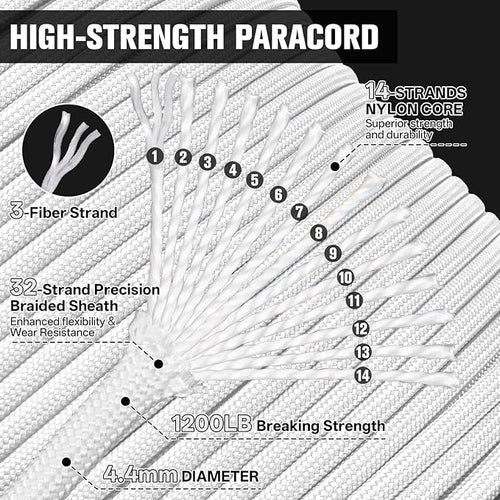 1200 Paracord Rope - 4.4mm 14 Strand Nylon Parachute Spool para Cord Lanyard for Outdoor Camping Survival Utility Tent Crafting DIY Projects Fishing Clothsline Bracelet - White 200FT