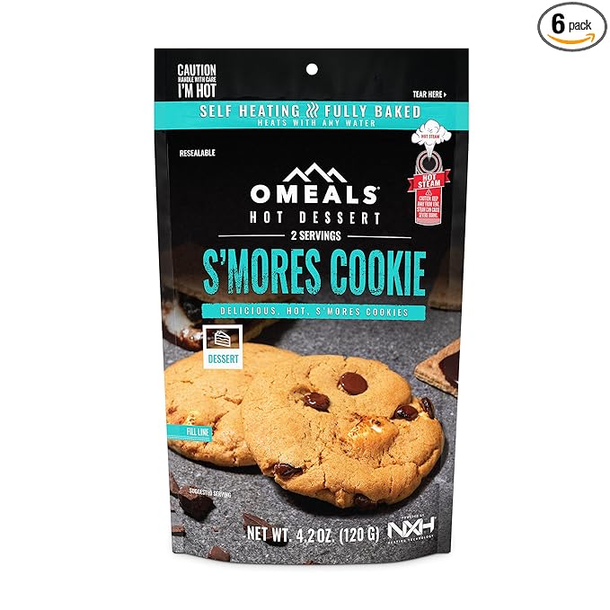 OMEALS S’Mores Cookie Good to Go Meals - Self Heating Emergency Food Supplies, Fully Cooked Backpacking Meals and Camp Food with Extended Shelf Life - USA - 6 Pack