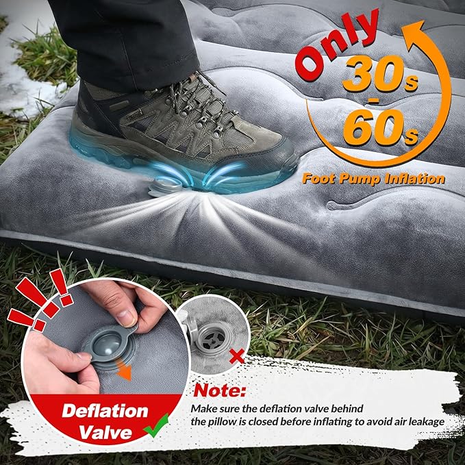 KASBAH Camping Sleeping Pad, 9.5R-Value Thick 6 inch Camping Mat with Pillow Built-in Foot Pump Inflatable Sleeping Pads Compact for Camping Backpacking Hiking Traveling