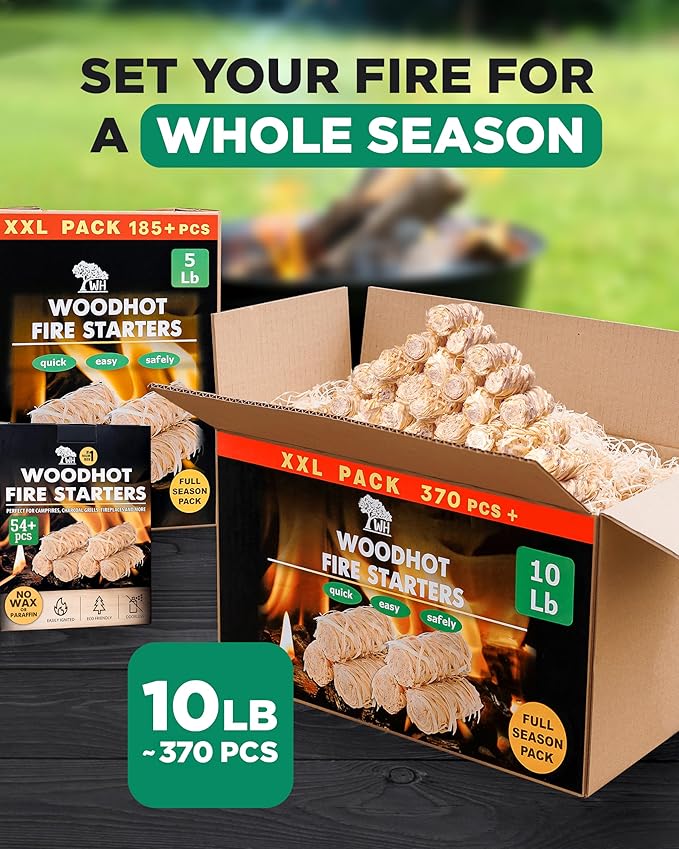WH 370 pcs Natural Fire Starters for Indoor Fireplace - 10lb Large Box - Long-Burning Charcoal Starters - Odorless Firestarters for Wood Stove, Chimney, Campfires & Grill - Quick Ignite