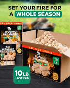 WH 370 pcs Natural Fire Starters for Indoor Fireplace - 10lb Large Box - Long-Burning Charcoal Starters - Odorless Firestarters for Wood Stove, Chimney, Campfires & Grill - Quick Ignite