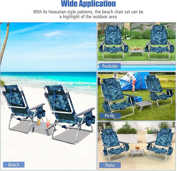 Tangkula 2 Pack with Table Beach Chairs, 5-Position Adjustable, Lightweight Folding, Navy