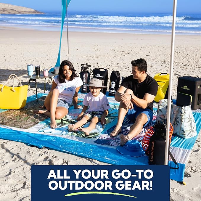 Sun Ninja Beach Tent Sun Shelter UPF50+ - Easy Pop Up Beach Canopy - Outdoor Shade for Camping Trips, Fishing, Backyard Fun Picnics - Sand Shovel, Ground Pegs & Stability Poles