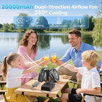 Dual Head Portable Rechargeable Fan 20000mAh Battery Powered Fan Camping Cordless with 360° Air Delivery, LED Lantern & Remote, Auto Oscillation, Battery Operated for Tent Office Travel Picnic Jobsite