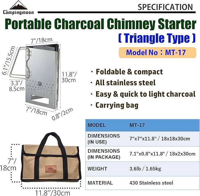 camping moon CAMPINGMOON Charcoal Chimney Starter Collapsible Foldable Grill Chimney Stainless Steel MT-17