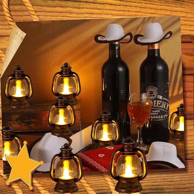 12 Pcs Mini Lanterns Decorative with LED Candle for Western Cowboy Xmas Home Decor Small Hanging Lantern Ornaments Camping Table Centerpiece Vintage Lantern Ornament