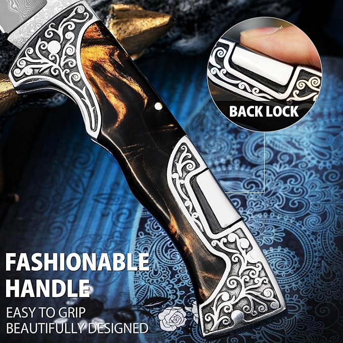 VALHALLA MAGE Damascus Pocket Knife, 3.5'' Sharp Blade Pocket Folding Knife with Back Lock, Cool EDC Pocket Knife with Clip For Men Collector