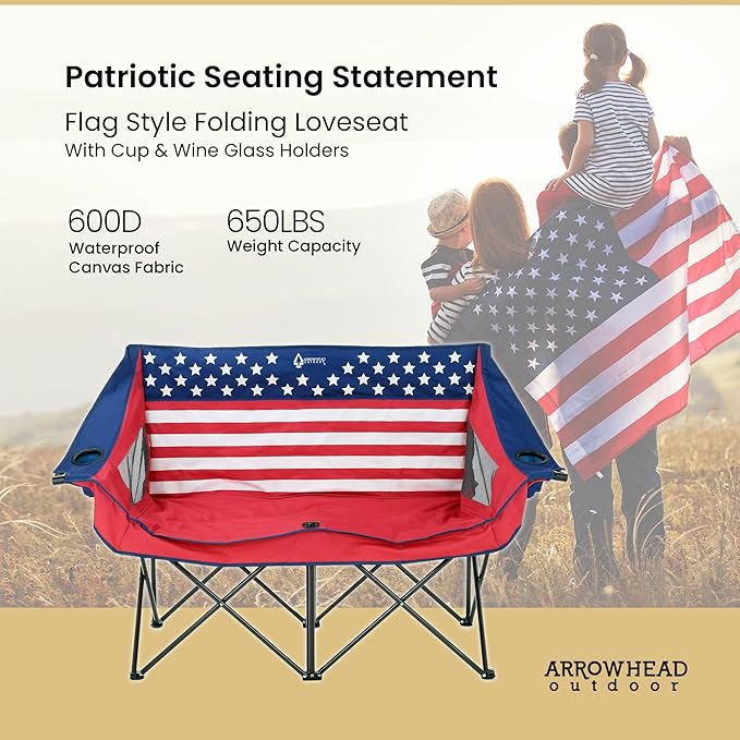 ARROWHEAD OUTDOOR 2-Pack Portable Folding Camp Loveseat Chair w/Glass & Cup Holders, Heavy Duty Carry Bag, 650 lbs Weight Capacity