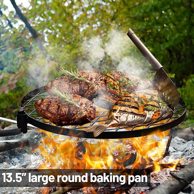 Swivel Campfire Grill Grate Heavy Duty Camping Grill 360° Adjustable Over Fire Pit Grill for Outdoor Barbecue Camping Garden Dinner - 48" Rustproof Long Stakes