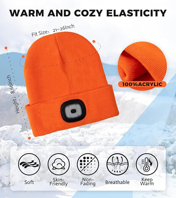 Unisex LED Beanie with Light, Rechargeable Headlamp Hat, Stocking Stuffers Christmas Gifts for Men, Warm Knitted Cap White Elephant Gifts for Dad Adults Teens Men Women Him
