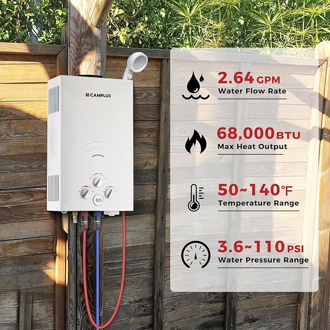 CAMPLUX 2.64 GPM Propane Portable Gas Water Heater, 68,000 BTU Outdoor Tankless Camping Water Heater with Digital Display, White
