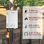 CAMPLUX 2.64 GPM Propane Portable Gas Water Heater, 68,000 BTU Outdoor Tankless Camping Water Heater with Digital Display, White