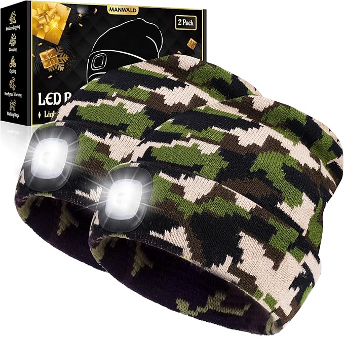 LED Beanie Hat with Light, USB Rechargeable LED Headlamp, Birthday Gifts for Women Adults, Gifts for Men, Him, Boyfriend, Husband, Camouflage, 2PCS