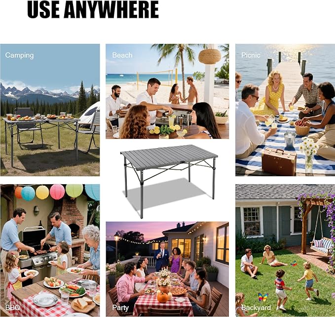 Portable Outdoor Camping Table, Oversize Aluminum Roll Up Lightweight Folding Table for Picnic, Barbecue, Beach, Tailgating, Party, Backyard, Indoor and Outdoor, Stable and Durable