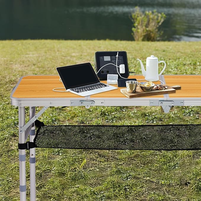 Folding Camping Table, Aluminum Folding Table with Carrying Handle, Lightweight, Portable Camping Table Waterproof for Outdoor Indoor Picnic Beach BBQ (Wood Color, 3ft)