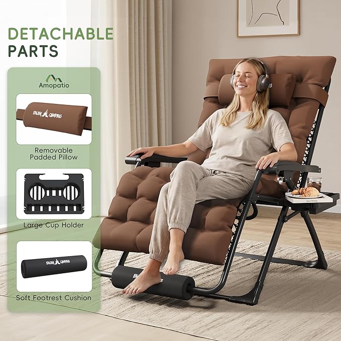 Amopatio Oversized Zero Gravity Padded Chair w/Removable Cushion&Headrest, XXL 33In Reclining Camping Lounge Chair Upgraded Lock and Footrest, Folding Patio Recliner for Indoor Outdoor, Brown