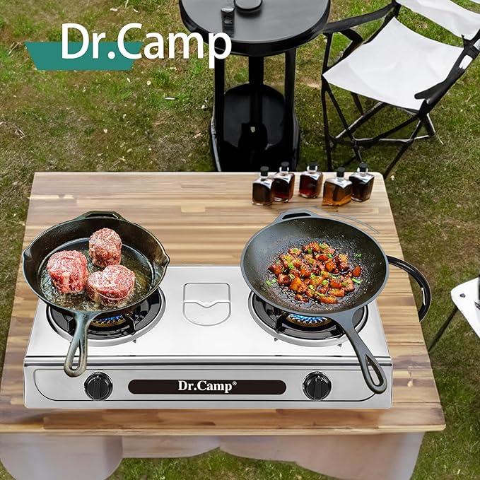 30000 BTU 2 burner outdoor garden camping camp hiking propane stove cooker grill with CSA listed regulator and gas hose, gray color