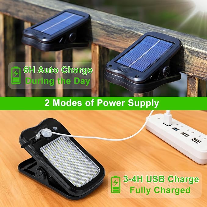 Tryme Clip on Solar Lights Outdoor Motion Sensor Lights 60 LEDs, 3 Modes, Dual Charging, Portable Waterproof Security Light for Fence, Deck, Camping, Grill (2 Pack)