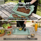 9-IN-1 Collapsible BBQ Prep Tub with Cutting Board, Portable Grill Prep Station with Side Brackets, Lids, Knives, Meat Claws and Drain Rack, Space-Saving for Kitchen, RV, Camping, Green