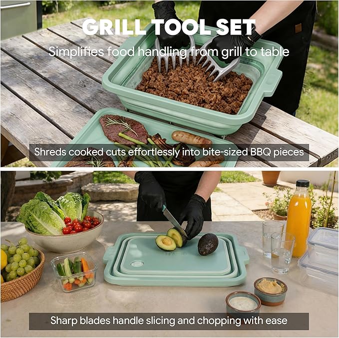 9-IN-1 Collapsible BBQ Prep Tub with Cutting Board, Portable Grill Prep Station with Side Brackets, Lids, Knives, Meat Claws and Drain Rack, Space-Saving for Kitchen, RV, Camping, Green