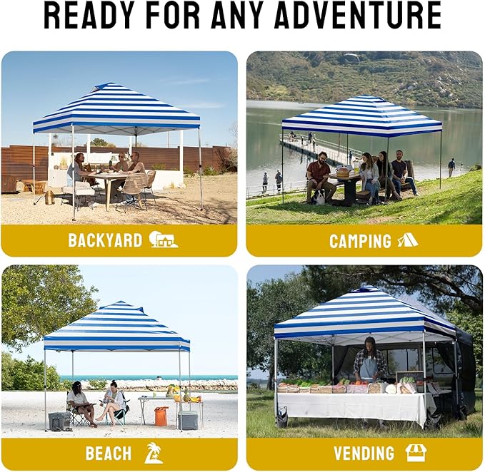CROWN SHADES 10x10 Pop Up Canopy - Beach Tent with One Push Setup - Outdoor Sun Shade for Events, Parties, Camping - STO-N-Go Cover Bag, Silver Coated Top, 3 Height& 4 Sand Bags, Sky Blue Stripes