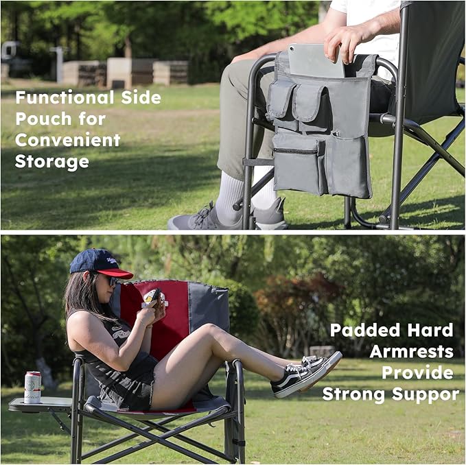 Oversized Directors Camping Chair Support 600 LBS, Heavy Duty Folding Outdoor Chairs with Detachable Side Pocket and Adjustable Side Table for Outside Beach,Lawn,Fishing (Red)