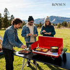 ROVSUN 2-in-1 Portable Camping Stove & Propane Grill with Enamel Griddle & Piezo Igniter, Tabletop Camp Stove with Built-in Handle, Wind Panel & Regulator for Camping, Tailgating, Grilling (Red)