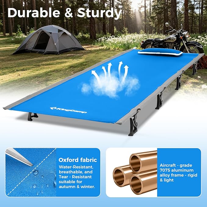 KingCamp Ultralight Camping Cot, Portable Folding Tent Camping Cot, 265 Lbs Heavy Duty Sleeping Cot with Pillow for Adults Outdoor Backpacking Travel Hiking, Blue