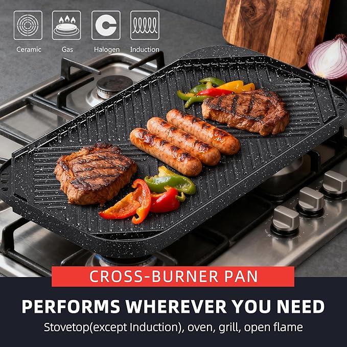 Caannasweis Nonstick Griddle Grill Pan, 19.5" x 11" Reversible Griddle Pan for Stove Top, Grill, or Campfire, Two Burner Cast Aluminum Grill, Rectangular Baking Flat and Ribbed Griddle Plate