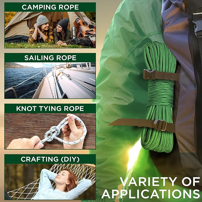 TECEUM Rope – 150 Feet x 1/4 Inch (7mm) – Green – Strong All-Purpose Utility Rope – Camping, Crafting, Flag Pole, Indoor & Outdoor – Polypropylene Nylon Poly Lightweight Diamond Braided Cord
