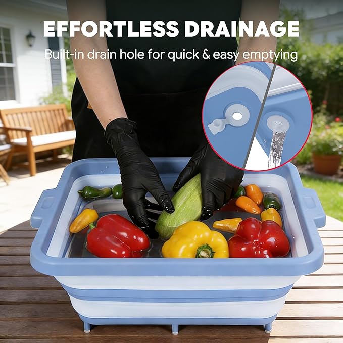 9-IN-1 Collapsible BBQ Prep Tub with Cutting Board, Portable Grill Prep Station with Side Brackets, Lids, Knives, Meat Claws and Drain Rack, Space-Saving for Kitchen, RV, Camping, Blue