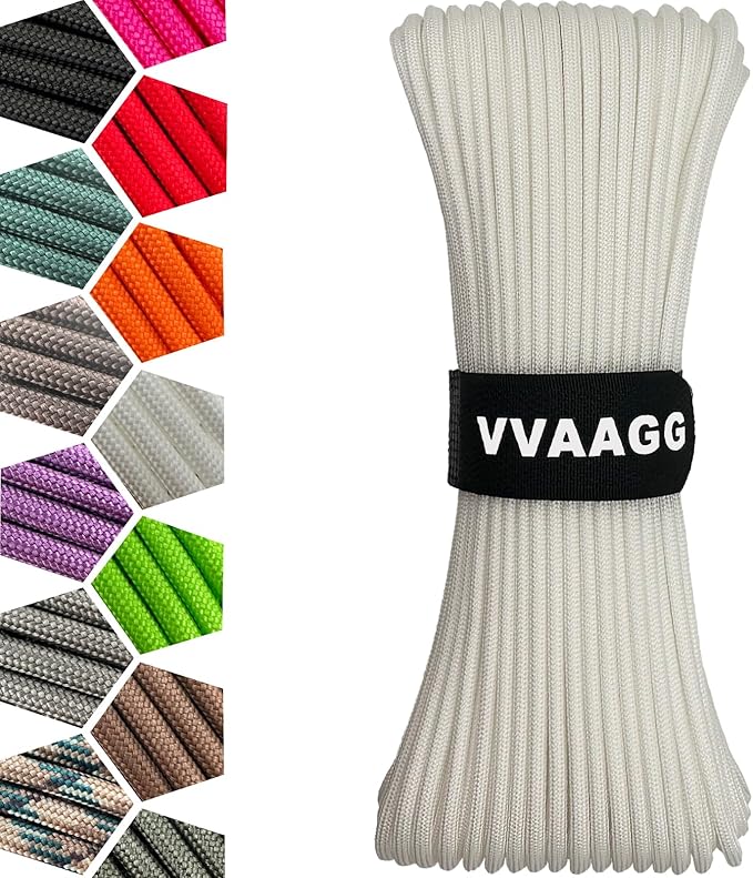VVAAGG 1000 White Paracord Rope 100FT, 4mm Utility Parachute Cord 12 Strand Nylon Camping Rope, Tent Rope, Clothsline Rope