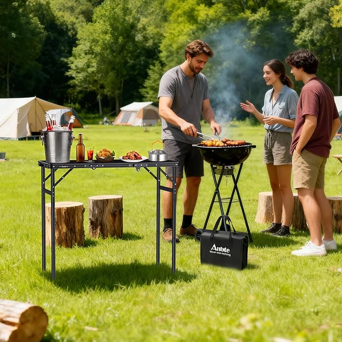 Anbte 3ft Tri-fold Grill Table, 2 Adjustable Heights Max 29.5" Sturdy Metal Grill Table with Storage Bag, Heat-Resistant Tabletop, Portable Handle for Cooking BBQ Outdoor Travel, 35" x 16", Black