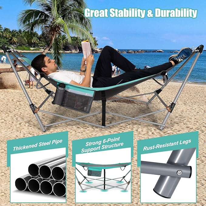 Portable Folding Hammock w/Side Pocket, Lounge Camping Bed w/Metal Stand & Anti-tip Buckles, Outdoor Camping Hammock with Carrying Bag for Patio Garden Yard, Easy Assembly (Turquoise)
