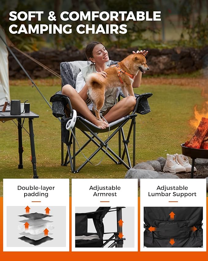 KingCamp Oversized Camping Folding Chair, Heavy Duty 450 LBS with Lumbar Support, Padded seat with Cup Holder&Cooler Bag, Ideal for Camp, Fishing, Sports Event, Backyard, Patio, Lawn (Black/Grey)