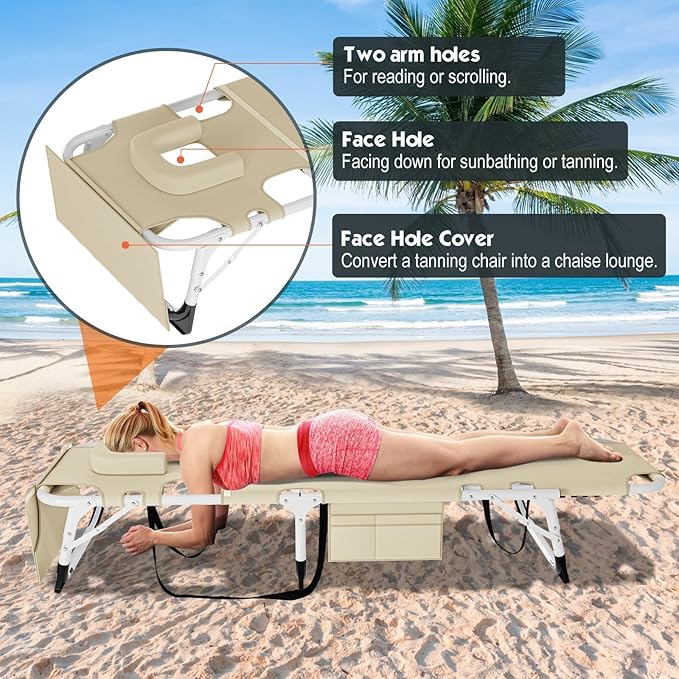 MOPHOTO Oversized Beach Lounge Chair, 5-Position Adjustable Tanning Chair with Face Hole, Heavy Duty Folding Chaise Lounge for Beach, Pool, Patio & Sunbathing
