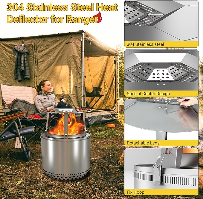 Upgraded Heat Deflector for Solo Stove Ranger 15’’, 304 Stainless Steel Heat Diffuser with Detachable Legs & Fix Hoop, Capture and Redirect Warmth, Camping Accessory