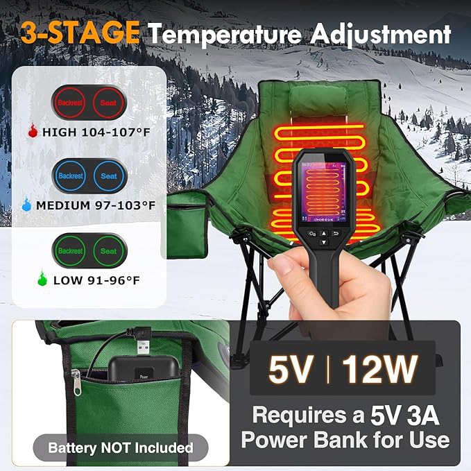 Slendor Oversized Heated Camping Chair, Folding Heated Rocking Chair with Padded Pillow, 3 Adjustable Heat Settings Portable Camp Chair for Outdoor & Indoor Use, NO Power Bank,Green