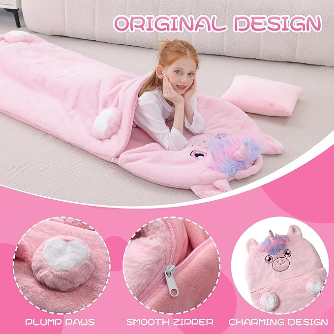 70" 4.2lbs Unicorn Thickened Kids Nap Mat for Preschool, Daycare,Kindergarten,Soft Washable for Boys and Girls, 2-in-1 Stuffed Animals Sleeping Bag and Pillow, Sleep Sack for Toddlers