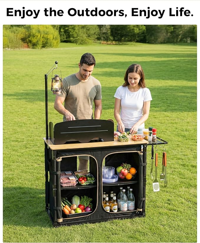 KingCamp Bamboo Camp Kitchen Station, Folding Overland Camping Kitchen Table Hooks Portable Outdoor Cooking with Adjustable Lantern Pole & Windshield Storage Organizer for Tailgating BBQ Picnic RV