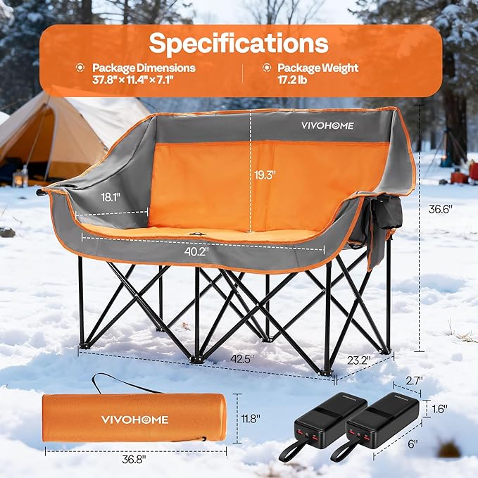 VIVOHOME 45W Padded Heating Double Camping Chair with 2 x 27000mAh Power Bank, Heated Oversized Portable Loveseat for Outdoor Sports, 3 Levels of Heat, Overheat Protection System, Orange and Gray