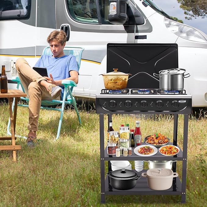 Gas Stove 5 Burner, Portable Natural Gas Stove Outdoor Camping BBQ Stove Gas Cooker with 2 Tier Storage Rack, for RV, Apartment, Outdoor Cooking (Black, 5-Burner)