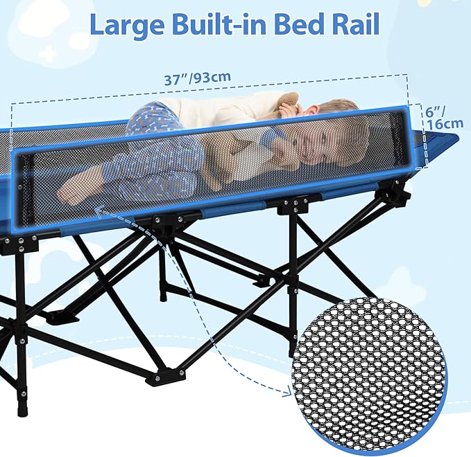 REDCAMP Kids Cot for Sleeping 2-7 Years, Portable Travel Toddler Cot Bed with Guardrail, Lightweight for Outdoor Indoor Home, Blue