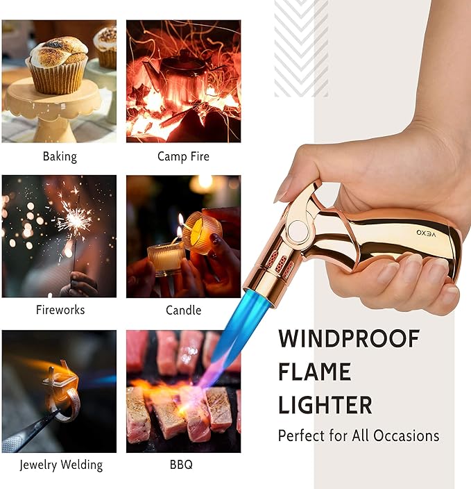 VEXO-Mini4 Torch Lighter Quad 4 Jet Flame Windproof Butane Refill Portable Lighter for Grill BBQ Candle Camping, Gift Idea (Butane NOT Included) (Glod)