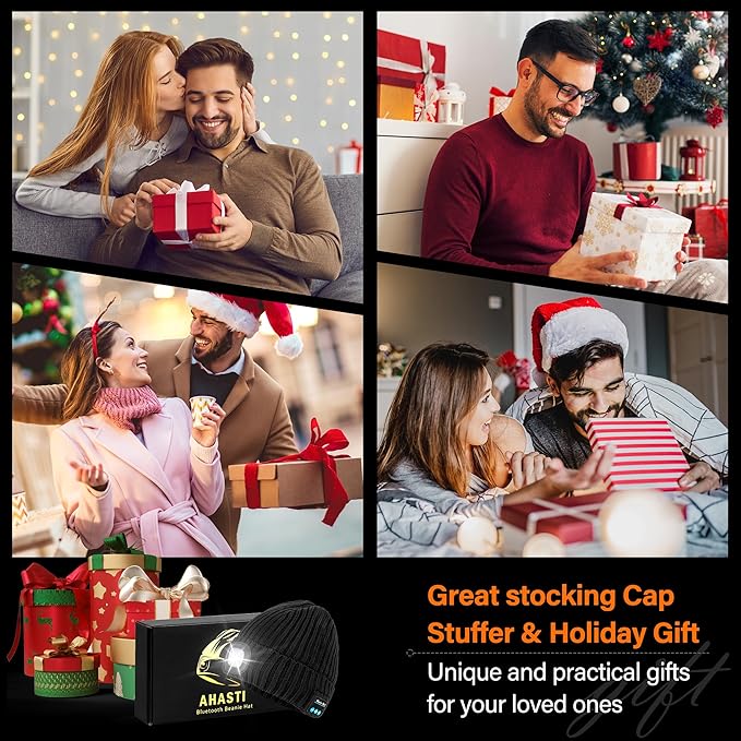 Bluetooth Beanie Hat with Light for Men, LED Beanie with Light Rechargeable, Headlamp Cap Wireless Headphones Built-in Speaker Mic Christmas Gifts for Teens Stocking Stuffers for Men Dad (Navy)