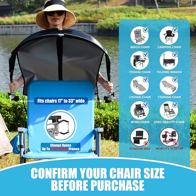 Universal Chair Umbrella Canopy, UPF 50+ Chair Sun Shade Attachment with Adjustable Clamp Fits Most Brands’ Beach, Camping, Lawn, Wheelchair, Tanning, Zero Gravity, Lounge, Fishing Chairs, 2 Pack