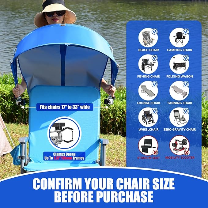 Universal Chair Umbrella Canopy, UPF 50+ Chair Sun Shade Attachment with Adjustable Clamp Fits Most Brands’ Beach, Camping, Lawn, Wheelchair, Tanning, Zero Gravity, Lounge, Fishing Chairs, Patented