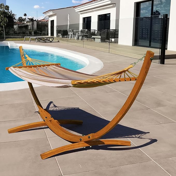 Lazy Daze Hammocks 10.5 FT Outdoor Arc Wood Hammock Stand, 2 Person Hard Pine Wood Hammock Stand with Carabiners and Chains for Outdoor Patio Garden Poolside, 300lb Capacity, Brown