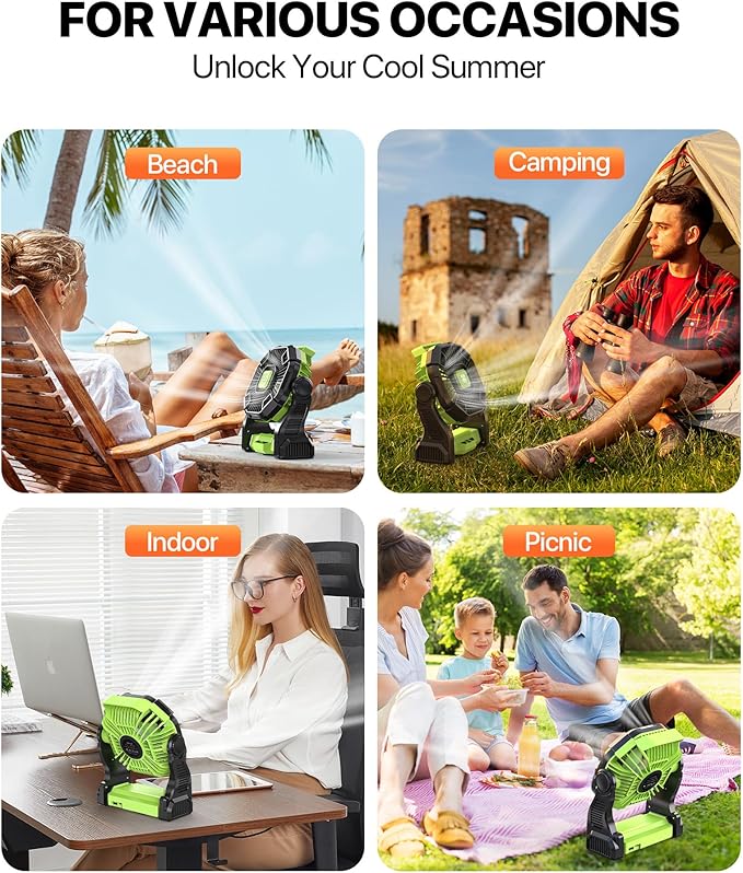 Battery Powered Fan -Lash Fans with Led Lantern, Portable Rechargeable, Battery Operated for Mobile Phone, Hook 4 Speed Quiet Personal for Desk Fan, Travel, Fishing, Power Outage, Hurricane-Green