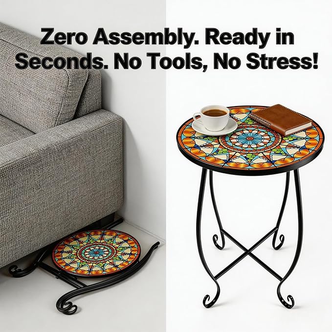 Mosaic Outdoor Side Table Round, 15 Inch Height - Small Patio Table, Foldable Sun Pattern Metal Plant Stand for Garden, Balcony, Porch & Camping (Mosaic Sun)
